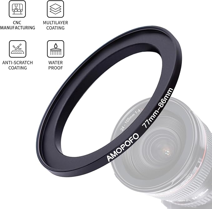 77mm Lens to 86mm Camera Filter Ring,Compatible with All 77mm Camera Lens & 86mm UV,ND,CPL Lens Hood Accessories,Made of CNC Machined Aluminum(77-86mm)