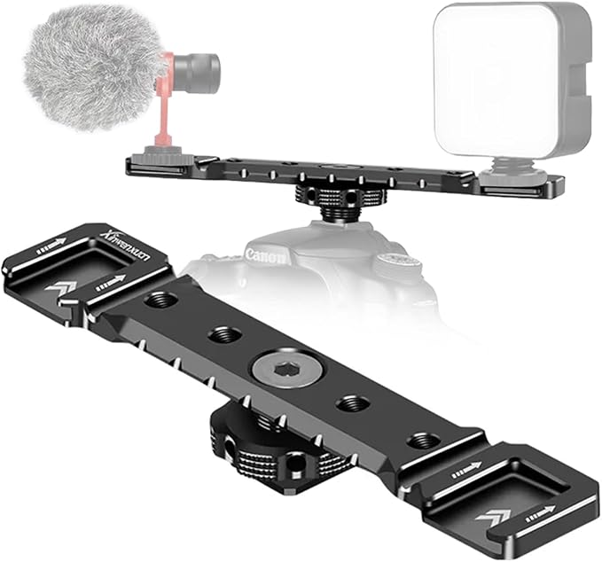 DF DIGITALFOTO Dual Cold Shoe Mount Bracket, Dual Cold Shoe Extension with 1/4"" Thread Holes Cable Slot for Flash LED Video Light Microphone, Black, DF-8210