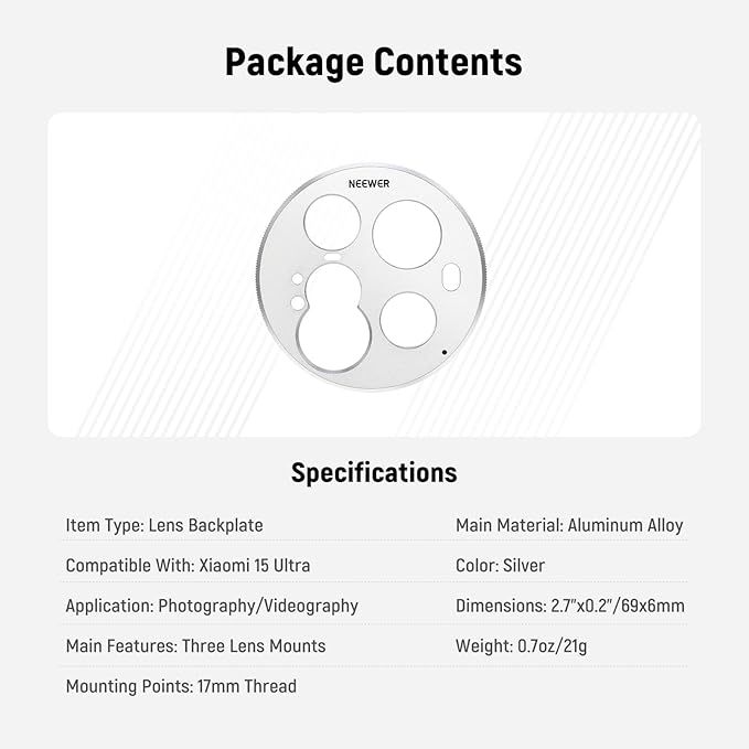 NEEWER 15 Ultra Lens Backplate, Aluminum Alloy 17mm Thread Phone Lens Adapter Holder for Main & Telephoto Cameras, Compatible with Xiaomi 15 Ultra Original Phone Case, PA111 (Silver)