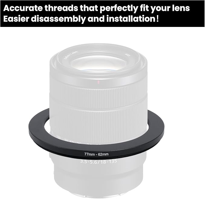 Metal Step Down Ring Filter Adapter - 77mm to 62mm - Metal Ring Step Down Rings Adapter Filter Compatible with All 62mm UV, CPL, ND, Lens Hood, Threaded Lens ect