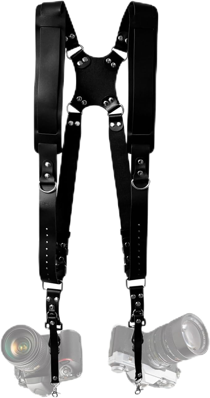Double Camera Strap, Shoulder Camera Strap Harness Leather Dual Camera Strap for Two DSLR/SLR Cameras, Adjustable