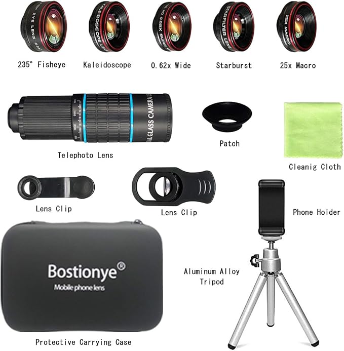 Phone Camera Lens Kit 10 in 1 for iPhone Samsung Pixel Android, 22X Telephoto Lens, 0.62X Super Wide Angle Lens&25X Macro Lens, 235° Fisheye,Kaleidoscopes, Starlight，Tripod，for Most Smartphone Black
