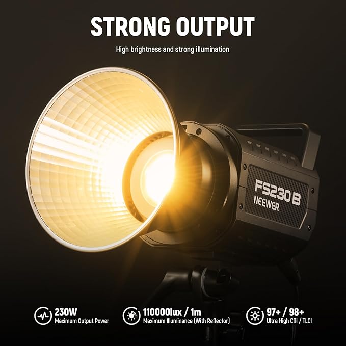 NEEWER FS230B LED Studio Video Light, 230W Bi Colour COB Continuous Lighting with 2.4G/APP Control, 110000Lux/m, 2700K-6500K, CRI 97+, Bowens Mount, Cleaning Cloth for Photography Video Recording