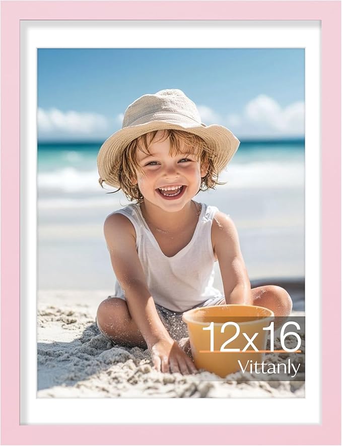 Vittanly 12x16 Picture Frame, Made of Solid Wood and Shatterproof Plexiglass, Display Pictures 11x14 with Mat or 12x16 without Mat, Wooden Photo Frame for Wall Mounting, Pink, 1 Pack