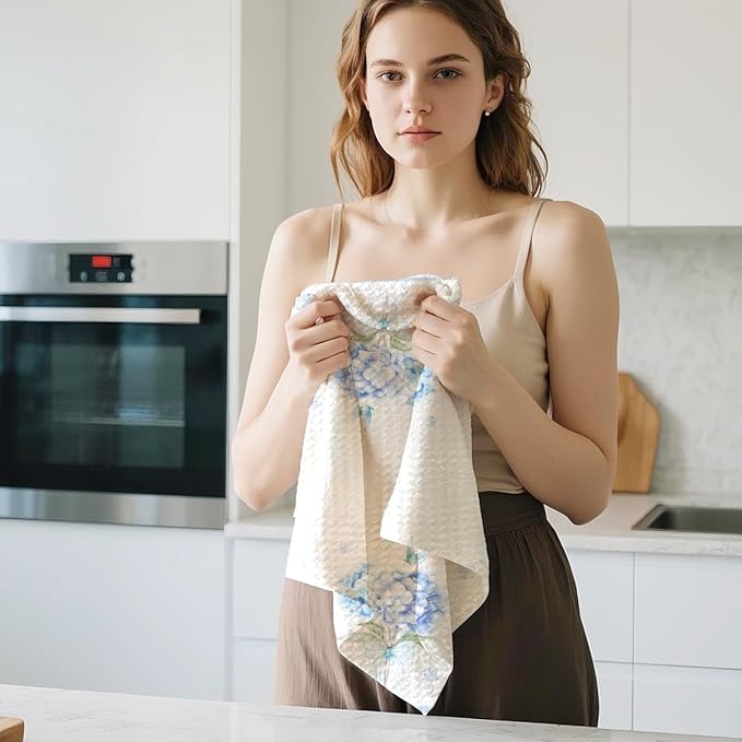 2Pcs Hydrangea Bouquet Kitchen Towels, 24x14 Inch Spring Butterfly Waffle Hand Towels for Kitchen Farmhouse Decor, Absorbent Durable Microfiber Dish Cloth Tea Towel, Home Gifts for Women Mom