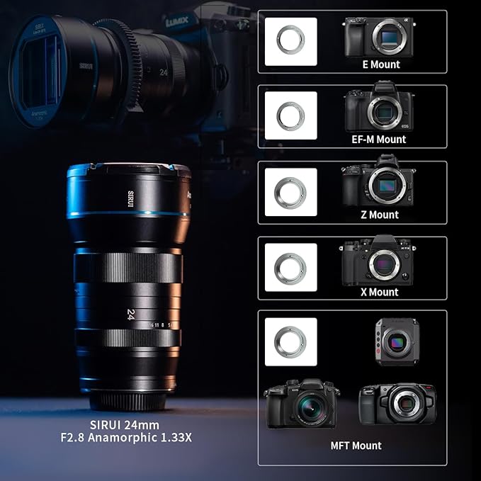 SIRUI 24mm Anamorphic Lens F2.8 1.33X S35 Camera Lens for X Mount, Blue Flare