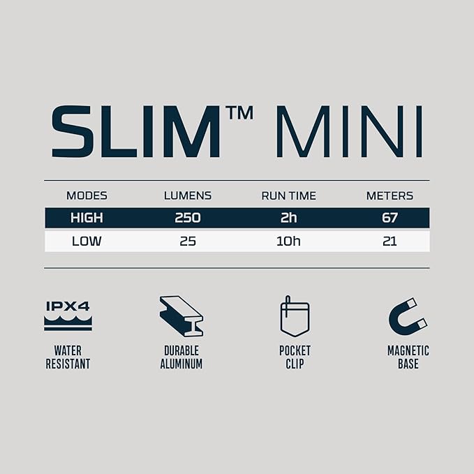 NEBO Slim Mini Pocket Light 2-Pack | Rechargeable, 250 Lumens, 2 Light Modes, Small Flashlight for EDC & Emergencies, Magnetic Base, Lightweight, Water Resistant & Durable, Includes Charging Cable