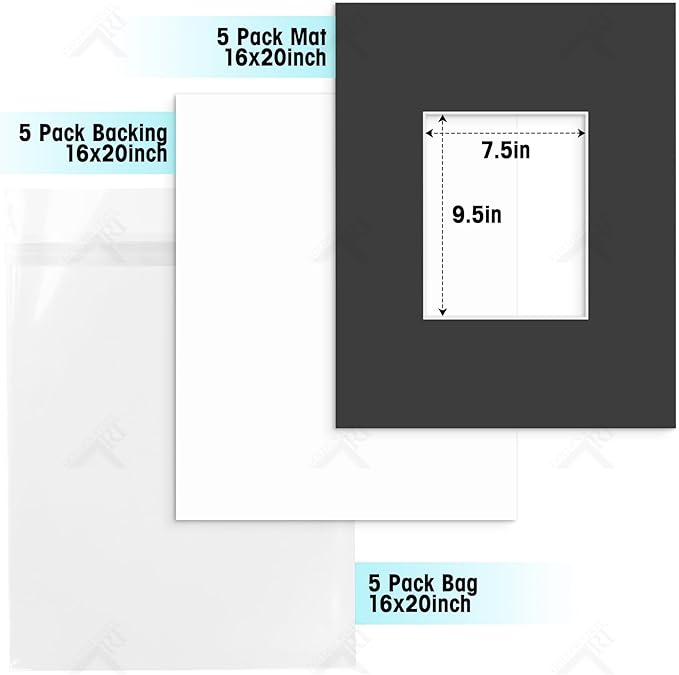 Golden State Art, Acid Free, Pack of 5, 16x20 Black Picture Mats Mattes with White Core Bevel Cut for 8x10 Photo + Backing + Bags