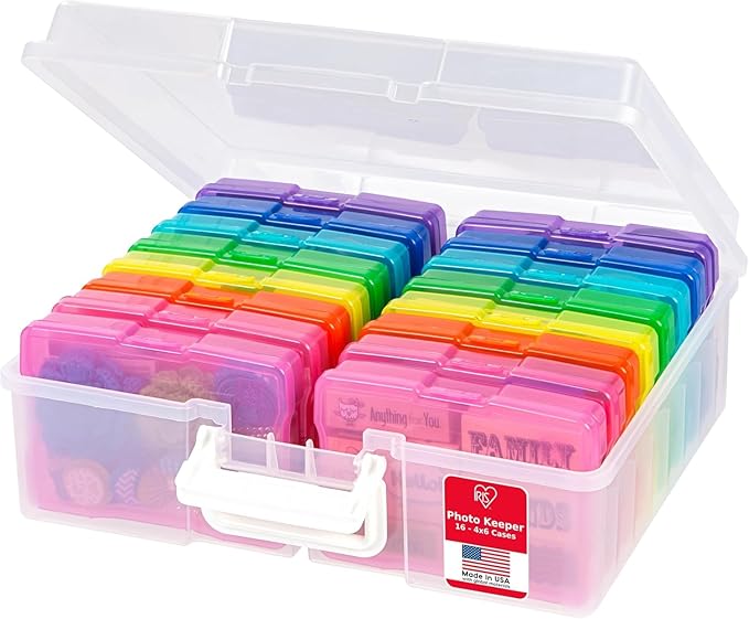 IRIS USA 4" x 6" Photo Storage Box Craft Keeper, Transparent Handle Container with 16 Organization Holder Cases for Pictures, Tasks, Scrapbooking, Ephemera, Stationery Storage, Multi-Color/Clear