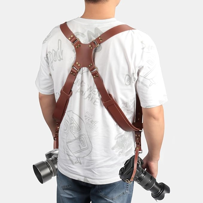 Kasla Camera Strap, Camera Straps for Photographers, Leather Dual Camera Strap for Two DSLR/SLR Cameras (Tan)