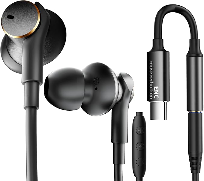 Premium Wired Ear bud with ENC Noise Reduction-Rich Deep Bass Dual-Driver In-Ear Eerphones,Call Noise Cancellation Earbuds USB C,Noise-Isolating Headphone Wired Volume Control (3.5MM & USB C Plug)