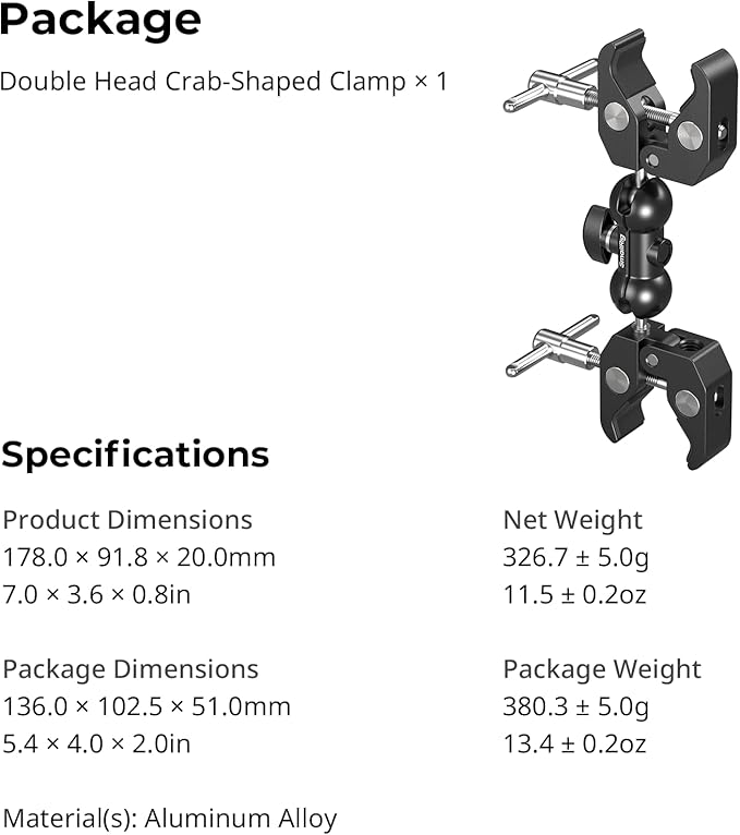 SMALLRIG Adjustable Double Clamp Mount, Dual Head 15-40mm Anti-Slip Clamp, 1.5kg Aluminum Alloy Clamp for Photography Lighting/Tripod/Studio - 5331
