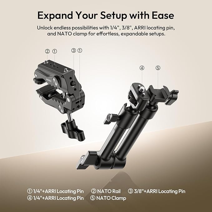 ULANZI HD02 10" Camera Magic Arm Super Clamp Kit with 360° Ball Head,Heavy-Duty Super Clamp,6.6lbs Load, 1/4"-20 & 3/8"-16 Mount, ARRI Pins, NATO Rail Articulating Friction Arm for DSLR/Monitor/Light