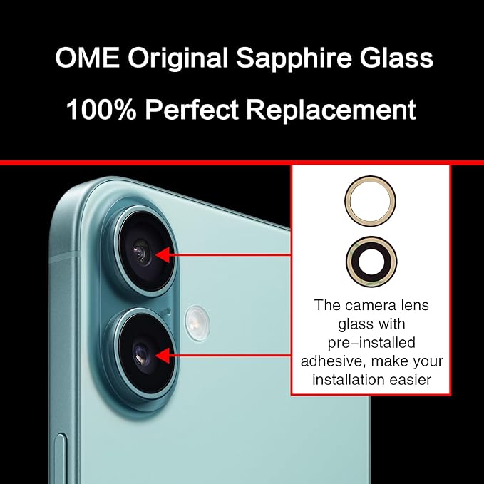 2PCS ASDAWN Back Rear Camera Lens Glass Replacement for iPhone 16 6.1 inch and 16 Plus 6.7 inch with Pre-Installed Adhesive, Back Lens Glass with Installation Manual + Repair Tool Set
