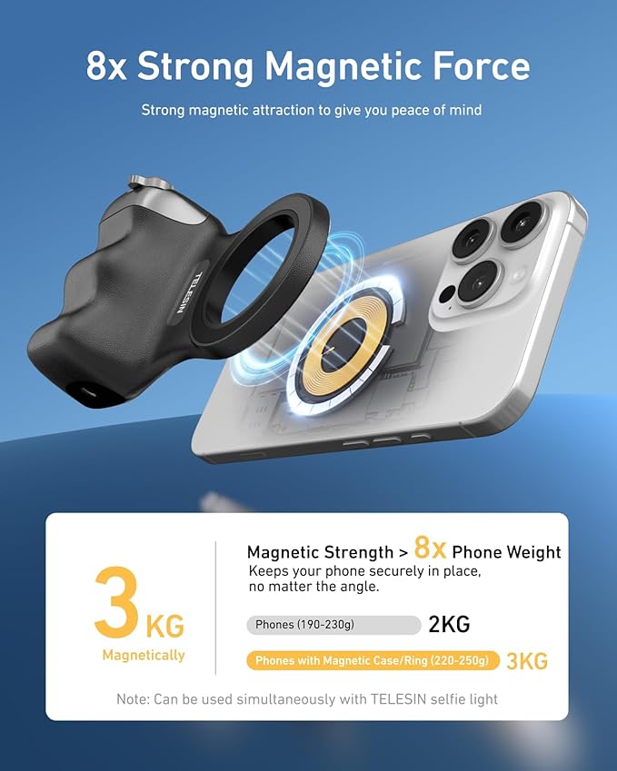 TELESIN Fun Shot Magnetic Phone Camera DSLR Style Shutter Grip for Magsafe iPhone & Android with Detachable Wireless Shutter Button - Official Grip -Comfort Ergonomic Phone Grip Handle Holder(B)