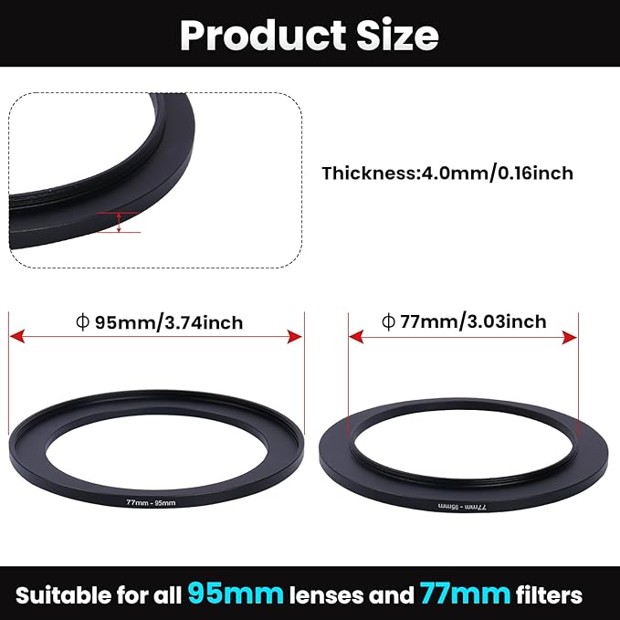 Metal Step Up Ring Filter Adapter - 77mm to 95mm - Metal Ring Step Up Rings Adapter Filter Compatible with All 95mm UV, CPL, ND, Lens Hood, Threaded Lens ect