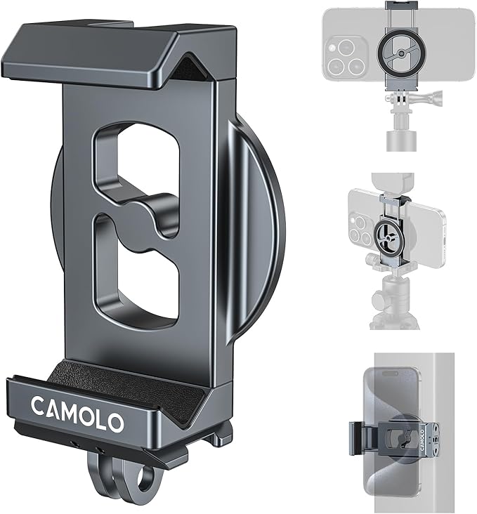 Metal Phone Tripod Mount with Arca Port & Magnetic 1/4"-20 Action Camera Adapter, Adjustable Smartphone Tripod Adapter Clamp Cell Phone Stand Holder Compatible with iPhone 16 Plus PRO Max GoPro