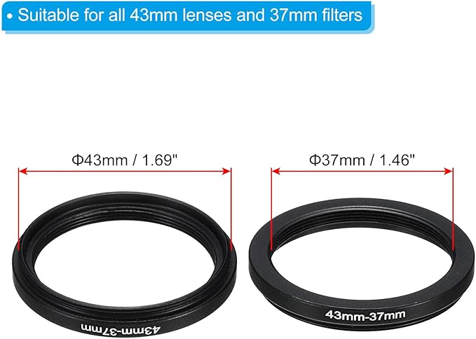 PATIKIL 43mm-37mm Metal Step Down Ring with Cleaning Cloth, 2 Pack Camera Lens Filter Adapter Ring Aluminum Filter Adapter Ring for Camera Lenses Hood, Black