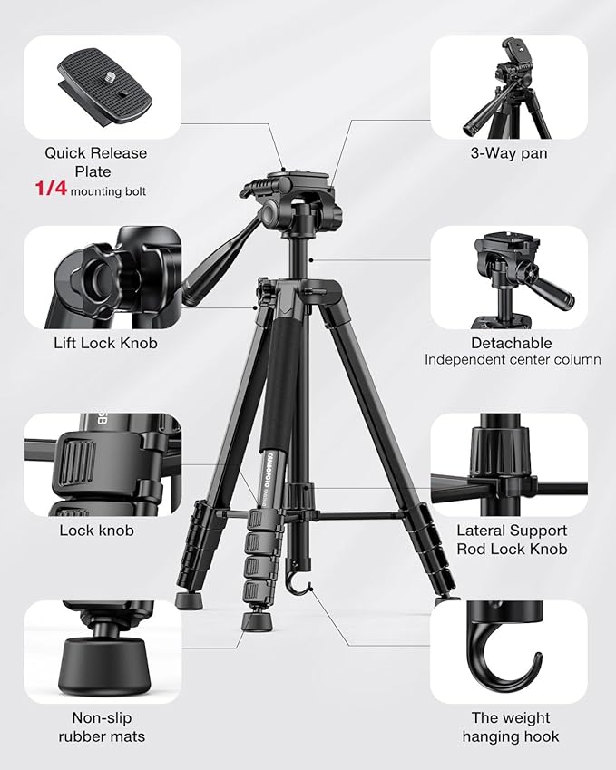 CAMBOFOTO 73" Camera Tripod and Monopod, Professional Aluminum Tripod Stand for Mirrorless Camera/DSLR/Cell Phone/Camcorder/GoPro, with Phone Holder and Travel Bag (Black)