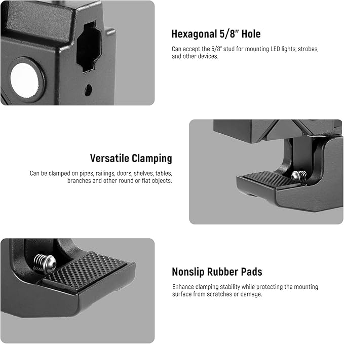 NEEWER Heavy Duty Super Clamp Max Load 33lb/15kg, 2.4" Jaw Grip Crab Clamp Mount for Round Pole Flat Surface with 5/8" Stud/Spring Lock/Cleaning Cloth for Photography Studio Camera Lighting, UA017