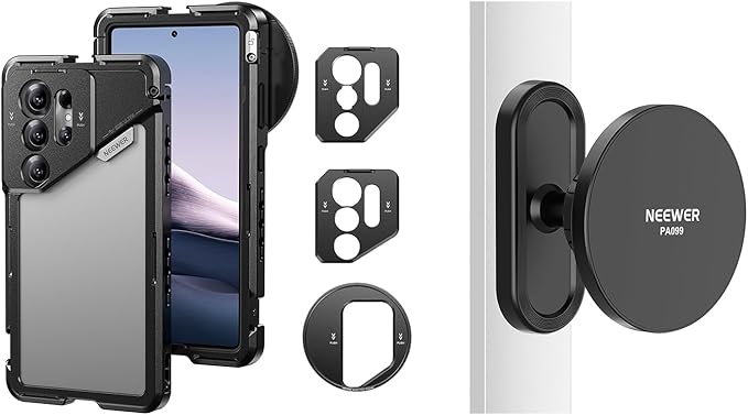 NEEWER Phone Cage & Magnetic Golf Cart Phone Holder, Mobile Video Rig Stabilizer Compatible with Samsung Galaxy S25 Ultra Moment T Series Lenses with 67mm Filter Adapter 17mm Lens Backplate