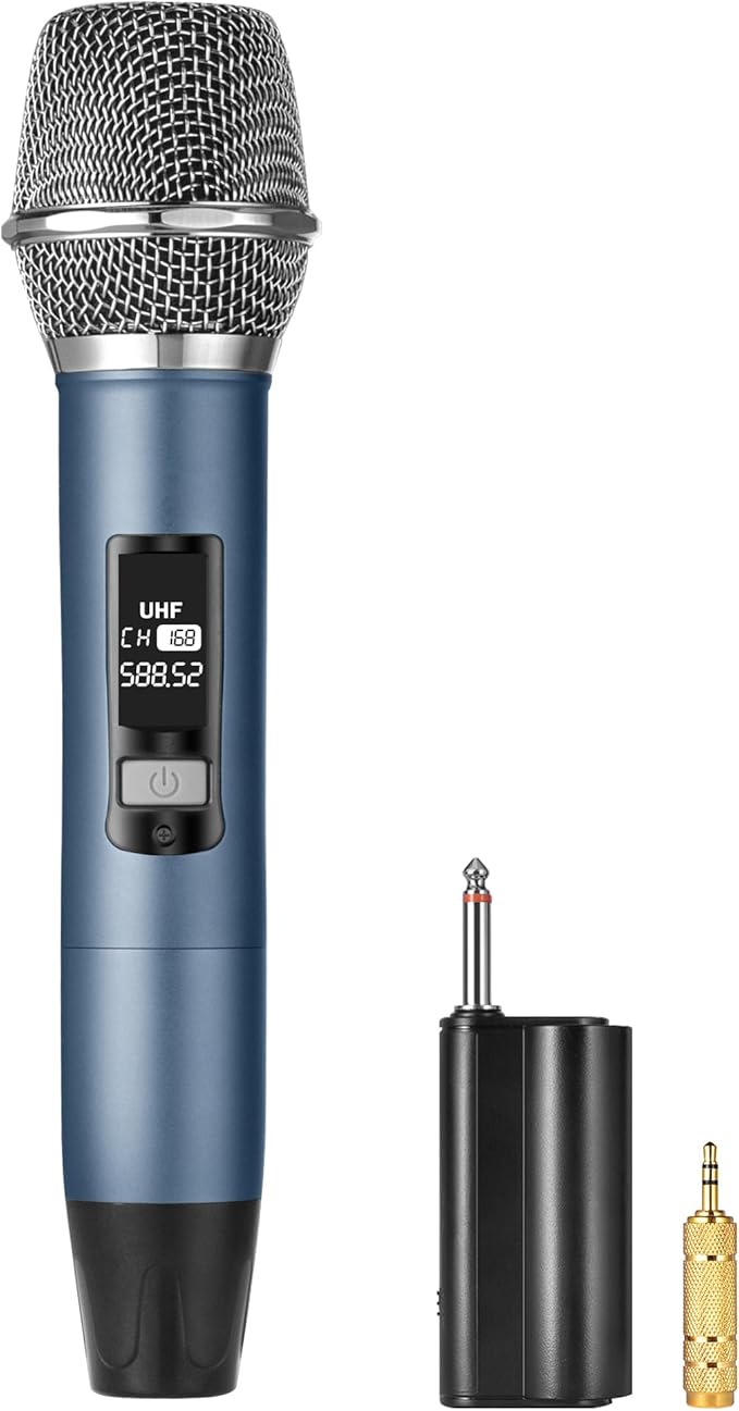Rechargeable Wireless Microphone, Two Metal UHF Microphones with 1/4" Receiver, Plug-and-Play for Karaoke Singsing, Lecture, Stage Performance, PA System (Blue - One Mic)