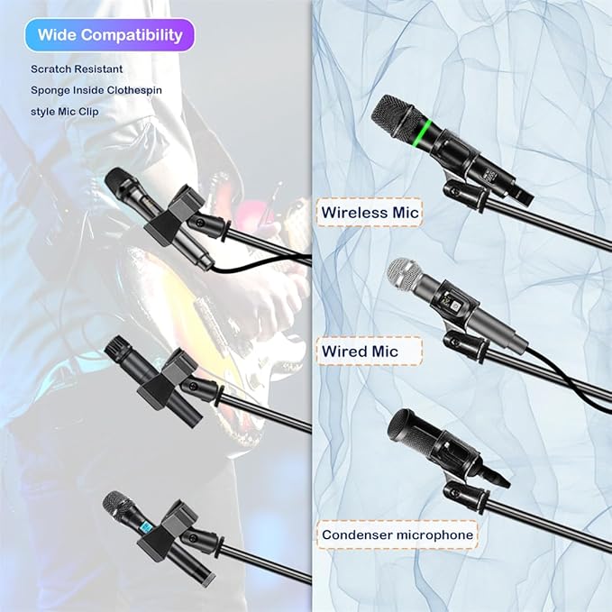 Microphone Stand Floor Foldable Mic Stand Heavy Duty Tripod Boom Arm with 2 Screws Adapter 2 Mic Clips 2 Foam Covers and Carrying Bag for Singing Karaoke Stage HLS02