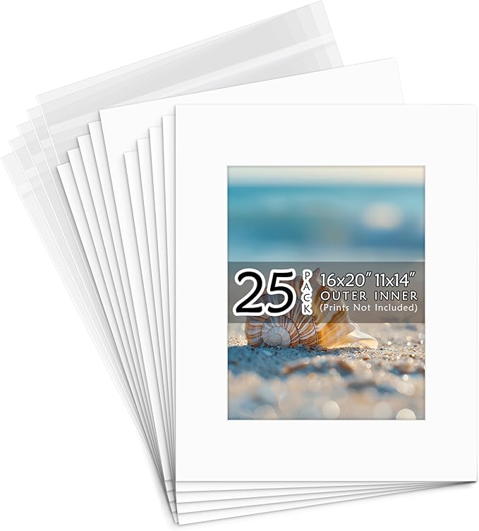 Golden State Art, Acid Free, Pack of 25, 16x20 White Picture Mats Mattes with White Core Bevel Cut for 11x14 Photo + Backing + Bags