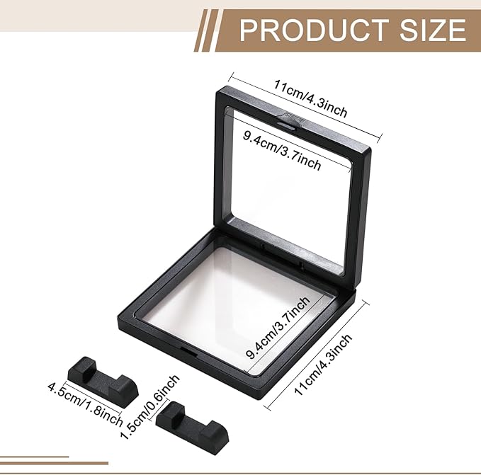 3PCS 3D Transparent Floating Frame with Stand, CAIYA Challenge Coin Display Holder, Floating Display Case for Jewelry, Medals, Specimens, Small Items, Fossils Rocks,4.3x4.3 inches