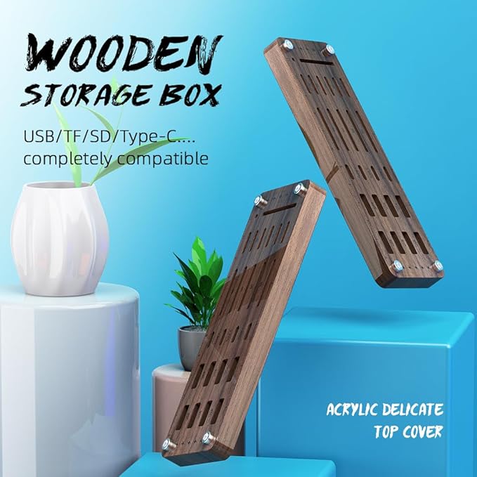 FEIFANZHE 25 Slot Wooden Memory Card Case Box and USB Drive Stand - SD Card Holder, Micro SD Case, Mobile Card Taking Needle - FSNH01M
