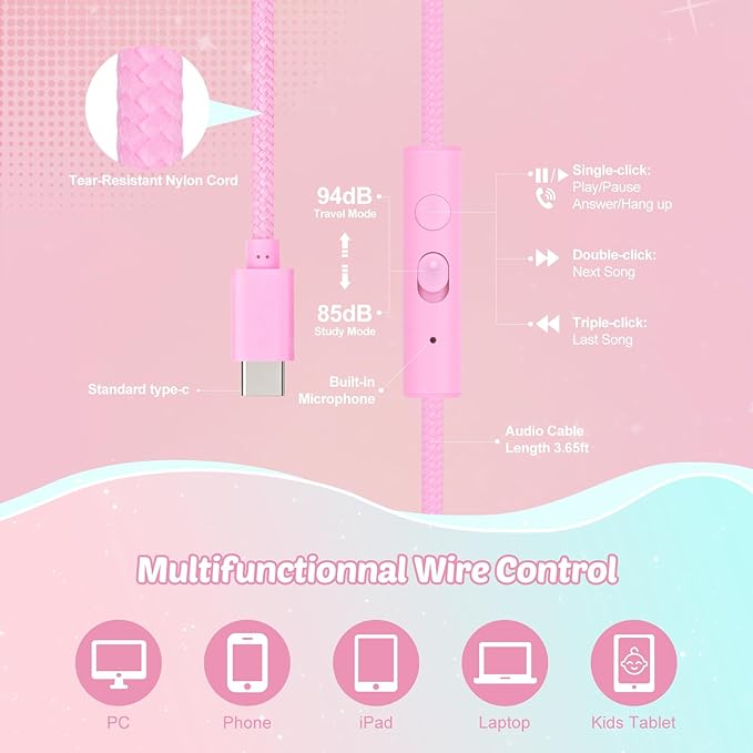 QearFun Kids Unicorn Headphones with USB C for Girls with Microphone, 85/94dB Safe Volume Limiter, Tangle-Free Cord, Share Port, Foldable Sparkly Wired Headset for School, Travel, Tablet, iPad