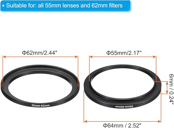 PATIKIL 55mm-62mm Metal Step Up Ring, 2 Pack Camera Lens Filter Adapter Ring Aluminum Filter Adapter Ring for Camera Lenses Hood, Black