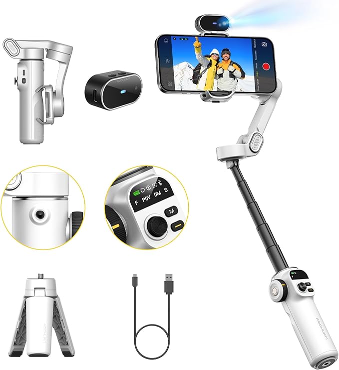AOCHUAN Gimbal Stabilizer for iPhone, Phone Gimbal with AI Tracking Sensor for Vlog Recording, 3-Axis Phone Gimbal with 7.8' Extension Rod and OLED Display for iPhone/Android-Smart X2 AI White