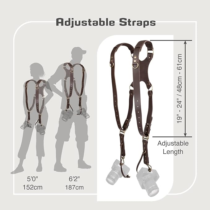 Leather Dual Camera Harness Strap for Photographers,Adjustable Shoulder Crossbody Padded Harness for DSLR SLR