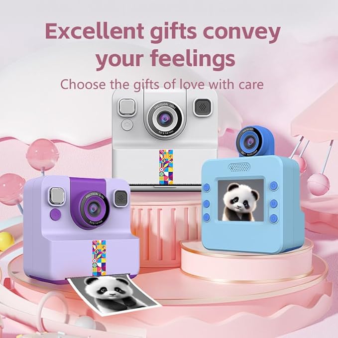 Kids Instant Print Camera, 1080p Video Recording Children's Instant Cameras, 180 ° Rotating Selfie Lens, 1 Roll of Printing Paper, Toy Gifts for Boys and Girls Aged 3-12