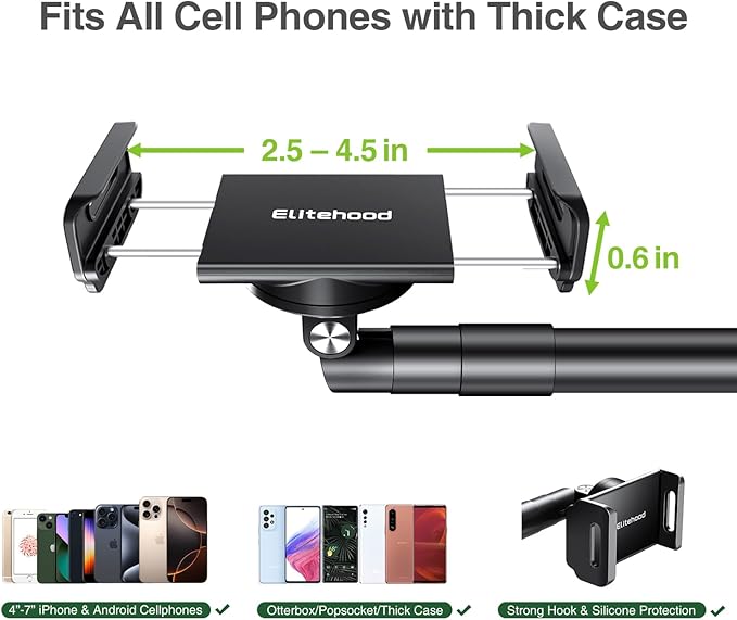 elitehood Floor Phone Stand Overhead Video Recording, 360 Degrees Swivel Tilt Adjustable iPhone Stand for Bed, Chair, Desk, Floor Phone Holder Compatible with iPhone 15, 14, 13, 12, Android Phone