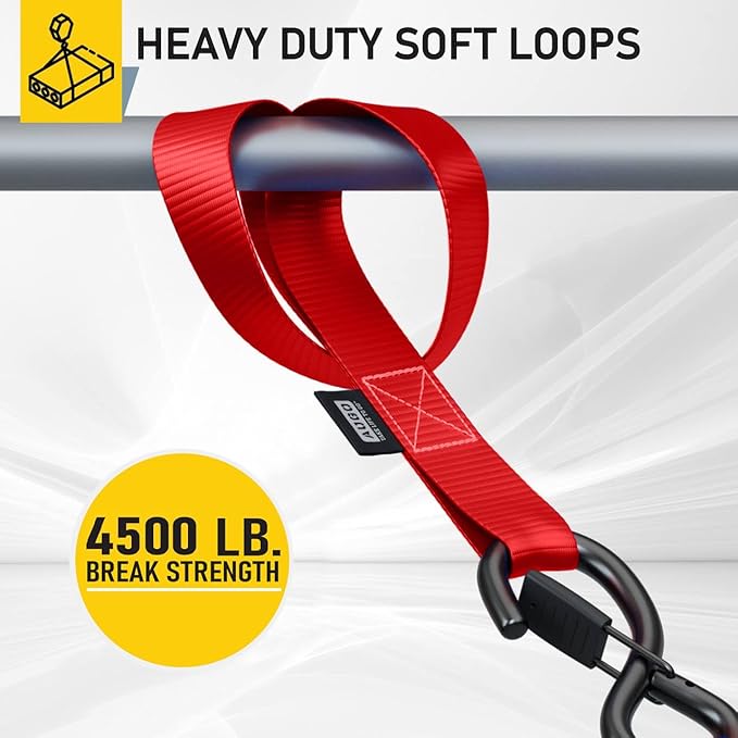 Soft Loop Tie Down Straps - 1,500 Load Capacity & 4,500 Lbs Breaking Strength - 6 Pack - Loops for Securing ATV, UTV, Motorcycles, Scooters, Dirt Bikes, Lawn & Garden Equipment - by AUGO