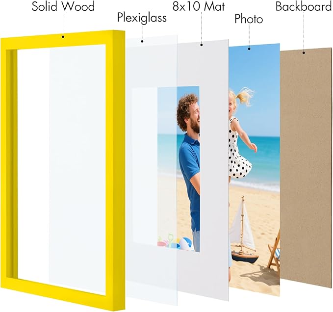 Vittanly 11x14 Picture Frame, Made of Solid Wood and Shatterproof Plexiglass, Display Pictures 8x10 with Mat or 8x10 without Mat, Wooden Photo Frame for Wall Mounting or Tabletop, Yellow, 1 Pack