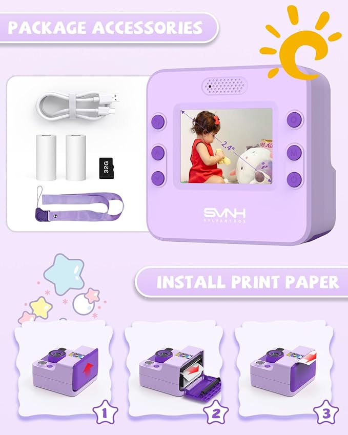 Kids Camera Instant Print, Digital Camera for Kids, 180° Rotating Selfie Lens with 32GB SD Card & 2 Rolls Printing Paper Kids Toy Birthday Gifts for Boys Girls Ages 3-12, Purple
