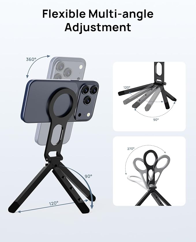 SODI Magnetic Phone Tripod Stand for iPhone - Strong Magnet Foldable Cell Phone Stand for Vlog, Gym, Travel Essentials, Mini Tripod Phone Stand Compatible with iPhone 17 16 15 14 13 12 Series (Black)