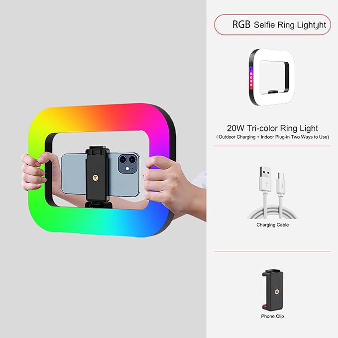 Selfie Ring Light, Handheld Ring Selfie Light Kit, USB-Powered Portable Ring Light, LED Mobile Video Stabilize for Camera, Smartphone, YouTube, TikTok Video Recording, Makeup (YM200 RGB)