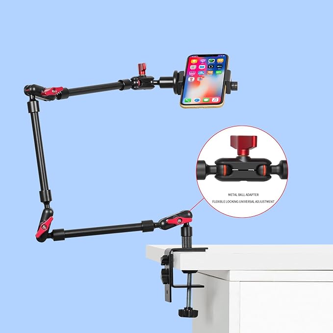 Magic Arm with Clamp, Long Articulating Arm Camera Mount, Adjustable Phone Mount Holder 360° Rotation, Mic Arm for Microphone, LED Lights, for Phone, Tripod, Desk, Table