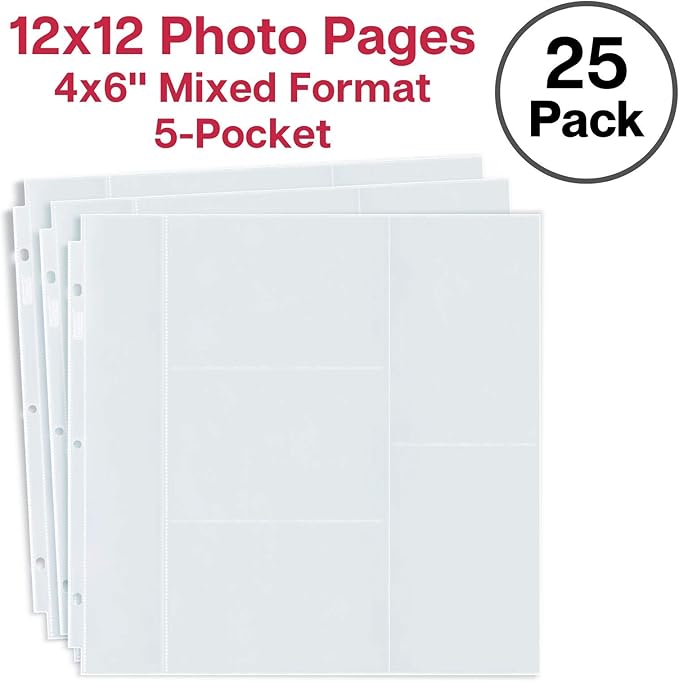 Dunwell Photo Album Refill Pages 12x12 (4x6 Mixed Layout), 25 Pack Holds 250 Pictures, Plastic 4 x 6 Photo Sleeves for 3-Ring Scrapbook Binder, Acid-Free Poly