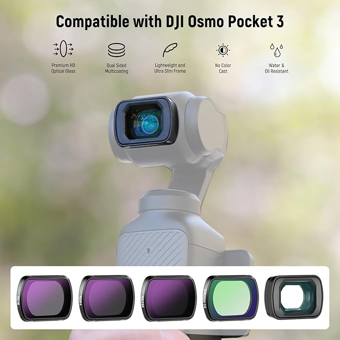 NEEWER ND Filter Set (4 Pack) Compatible with DJI Osmo Pocket 3 Creator Combo Accessories with 0.75X Wide Angle Lens & Screen Protectors, ND16 ND64 ND256 Black Diffusion 1/4 Filter, FL-B14