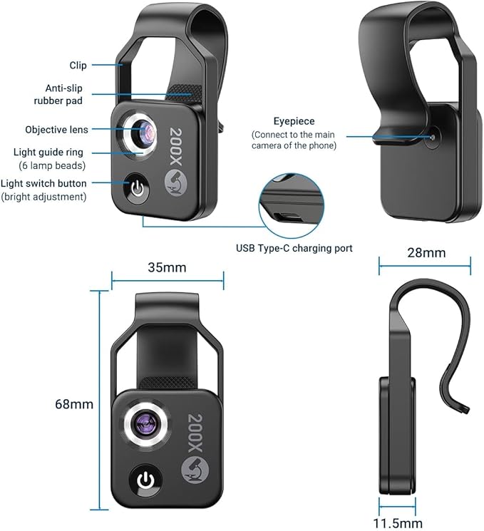 200X Phone Mini Pocket Microscope with LED Light/Universal Clip, Portable Digital Microscope Camera Attachments for 99% Smartphone, Microworld for Kids Adults (Black, 200X Without CPL)