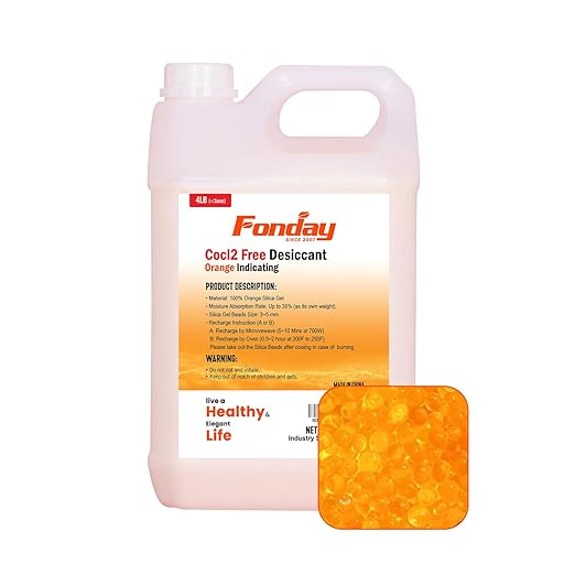 4LB Fonday Premium Moisture Indicating Silica Gel Desiccant Orange to Green Rechargeable Industry Standard Bead Size 3 to 5mm