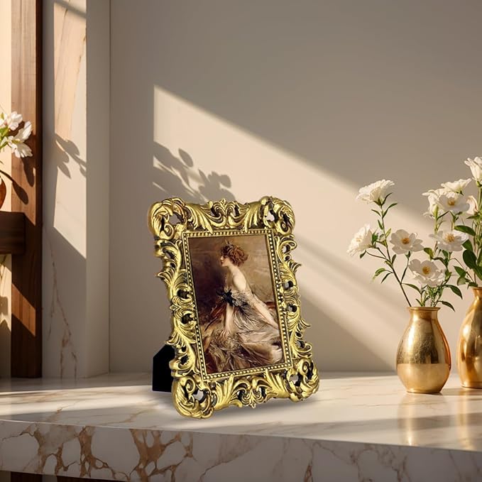 Gold Picture Frames 5x7 Vintage Gothic Ornate Antique Small Baroque Frame for Tabletop or Wall Display with Glass Front