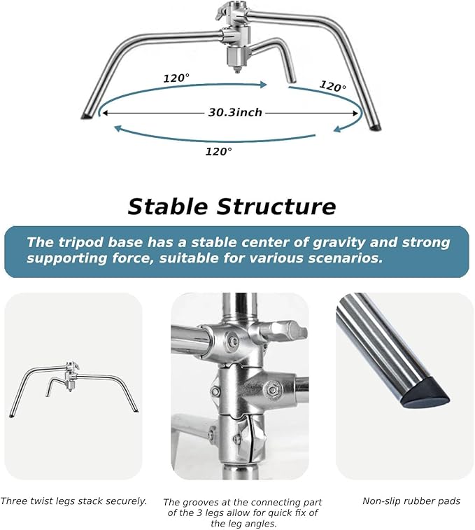 Heavy Duty C Stand with Boom Arm, Stainless Steel Heavy Duty Photography Light Stand, Adjustable Height 4.9ft-10.8ft, with 4.1ft Holding Arm, for Reflector, Umbrella, Softbox, Monolight
