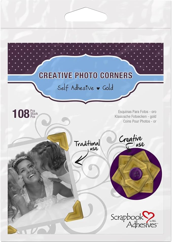 3L Scrapbook Adhesives Self-Adhesive Creative Paper Photo Corners, Gold, 108-Pack