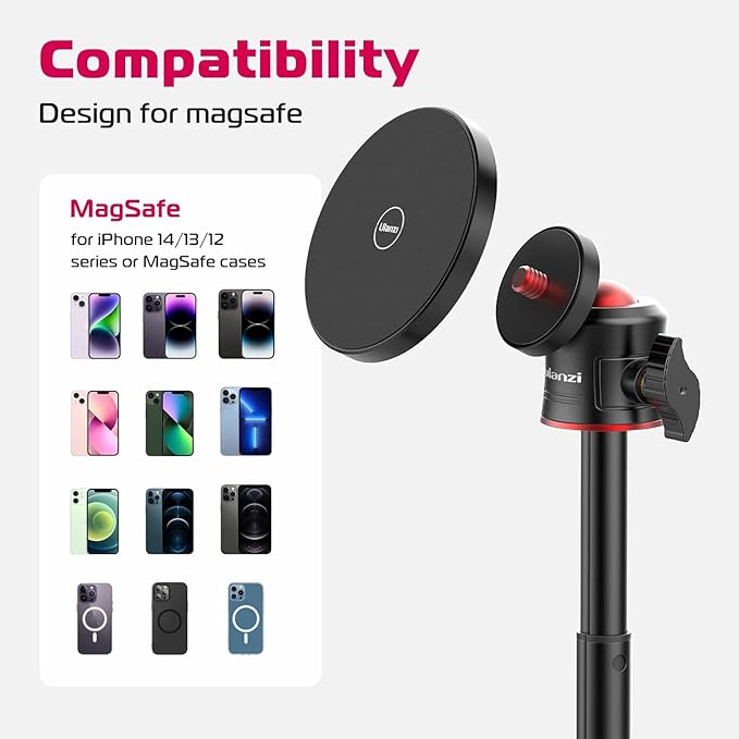 ULANZI Magnetic Cell Phone Tripod Compatible with MagSafe, Mini Extendable Selfie Stick 360° Ball Head Tripod Stand Handle Grip for iPhone 17 16 15 14 13 12